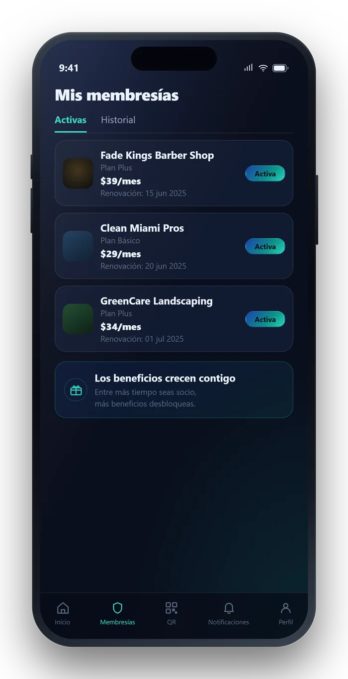 Pantalla de la app de Shutyu: Mis membresías