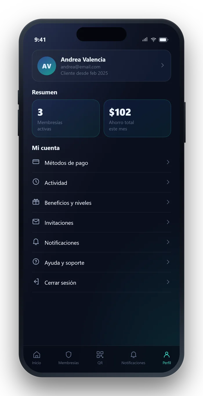 Pantalla de la app de Shutyu: Perfil del socio