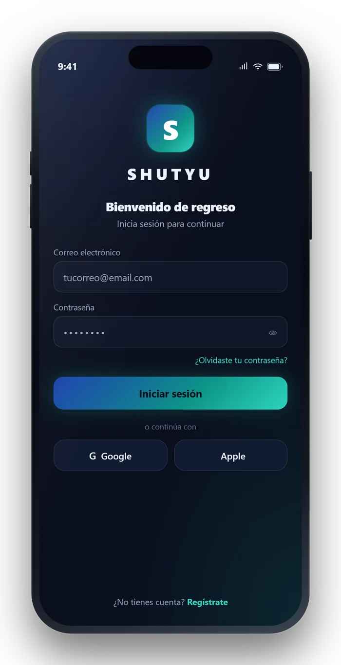 Pantalla de la app de Shutyu: Entrar