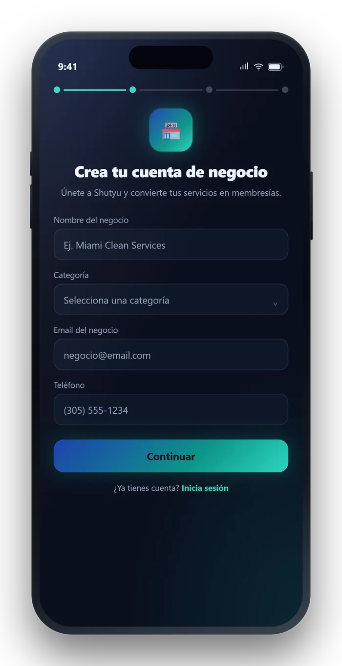 Pantalla de la app de Shutyu: Alta de negocio