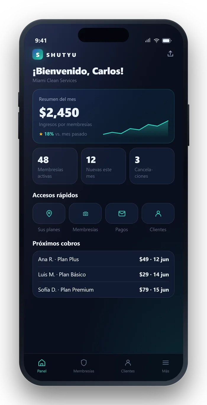 Pantalla de la app de Shutyu: Panel del dueño