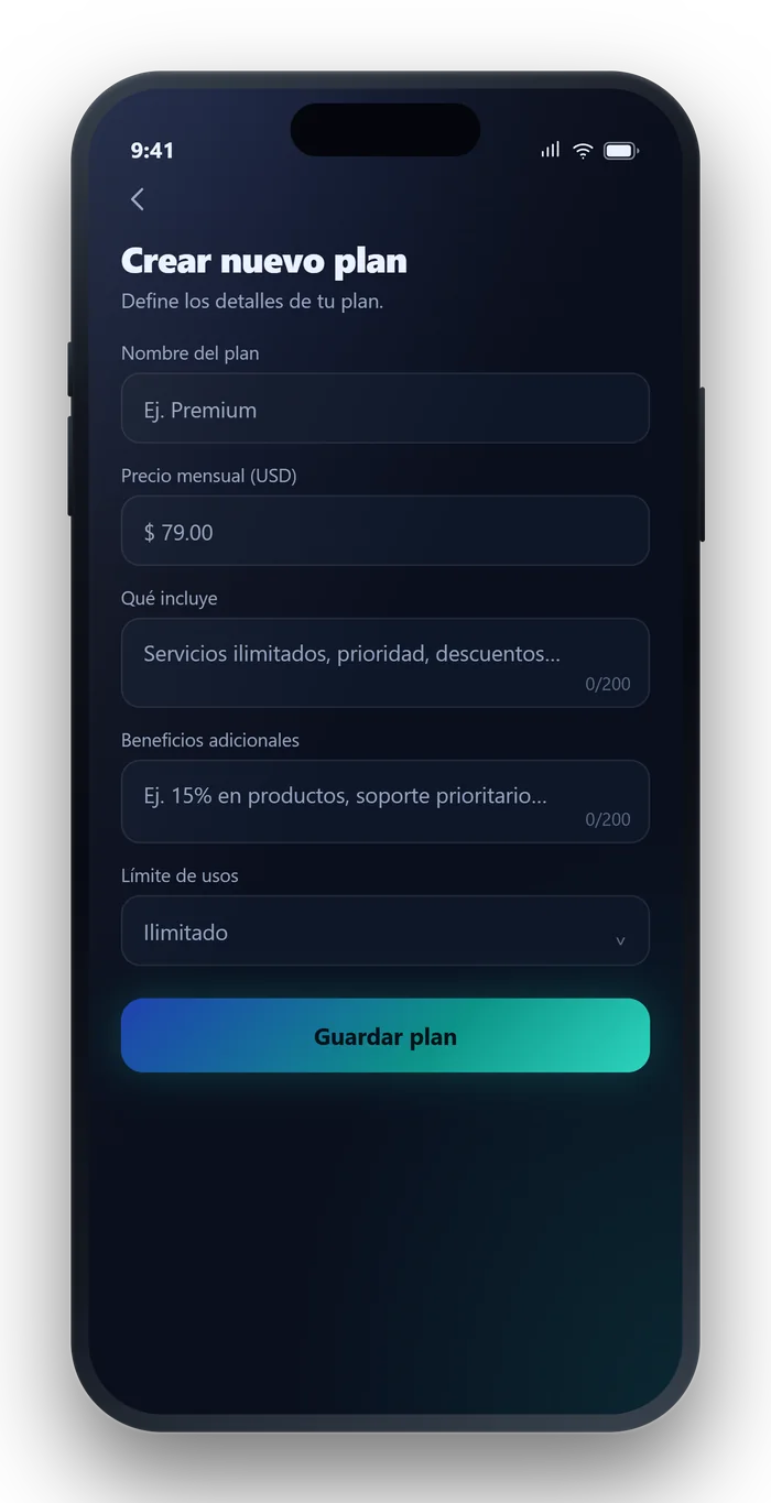 Pantalla de la app de Shutyu: Crear plan