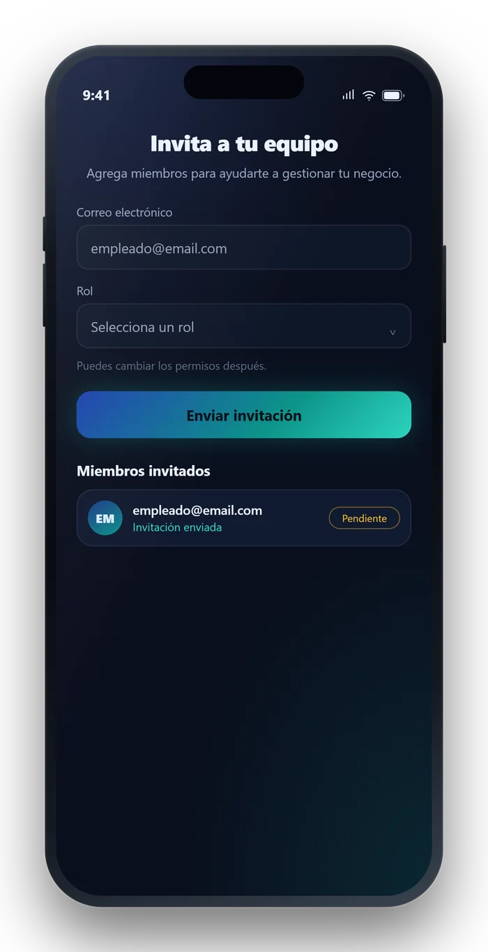 Pantalla de la app de Shutyu: Invitar al equipo