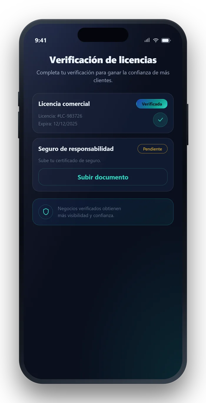 Pantalla de la app de Shutyu: Verificación de licencias